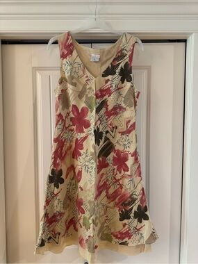 100% LINEN❤️Floral Beige A-Line Sundress with Orange& Olive Accents PTP20 L40